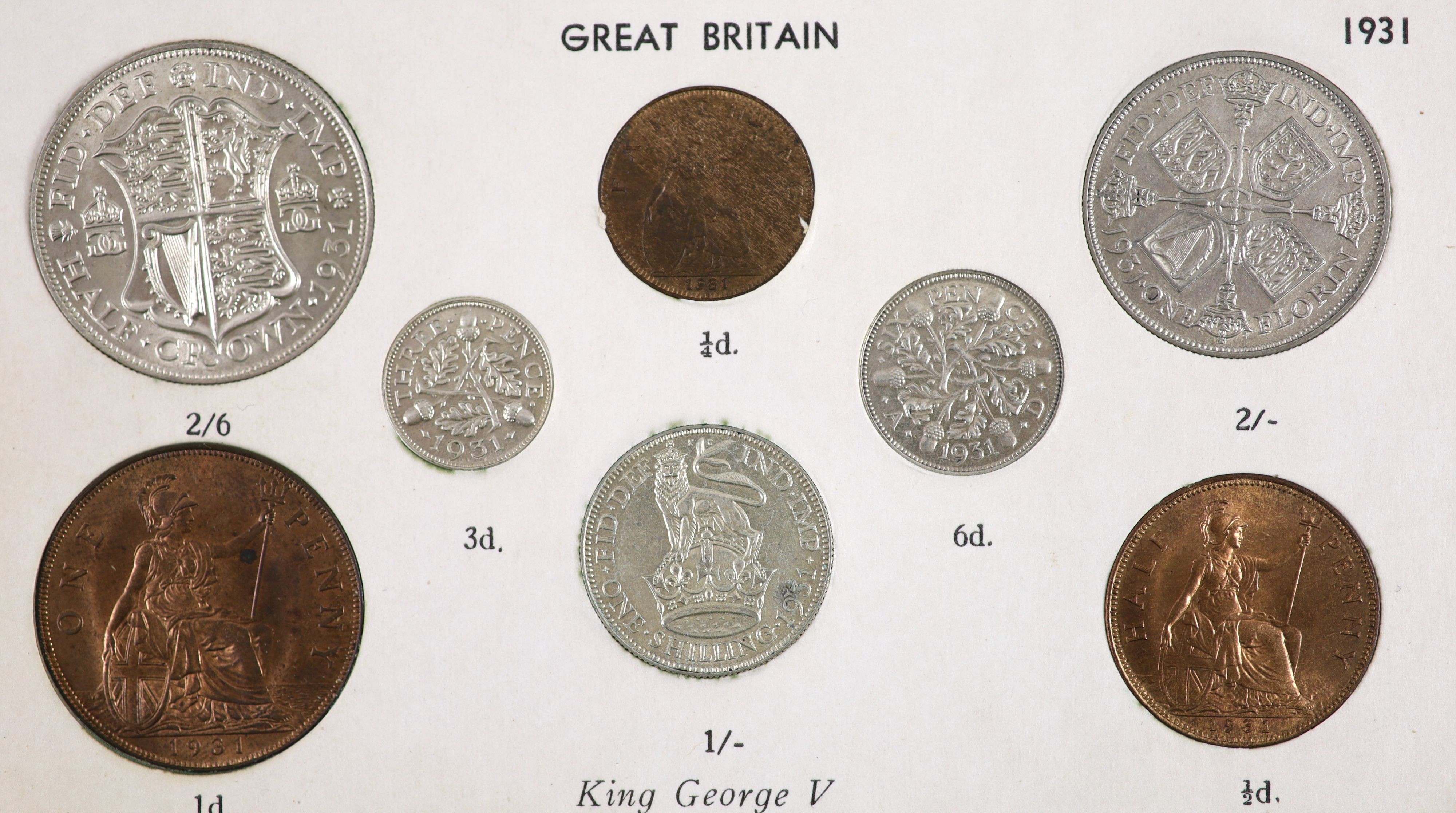 A George V specimen set of nine coins, 1931, fourth coinage, comprising Crown, (S4036), cleaned otherwise about EF, halfcrown and threepence, cleaned otherwise about EF or better, florin, shilling and sixpence, cleaned g